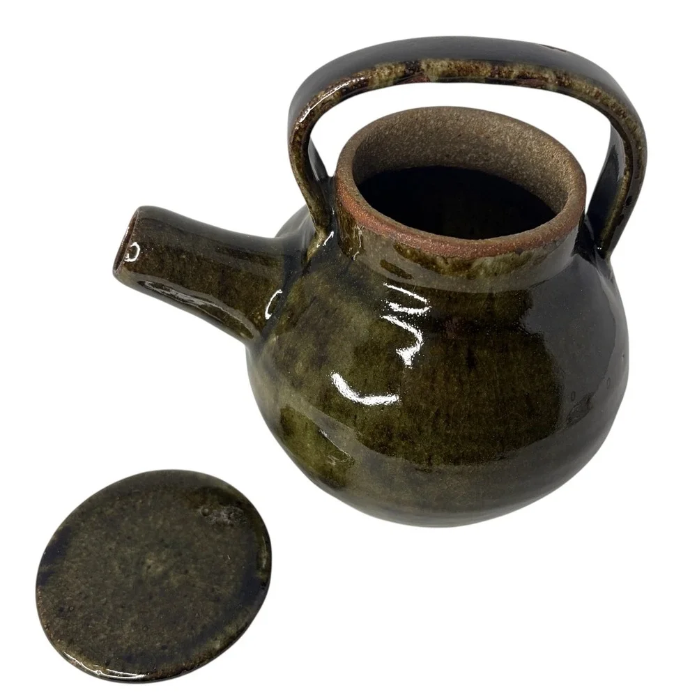 Vintage Signed Studio Pottery Stoneware Teapot Olive Green Mingei Style USA